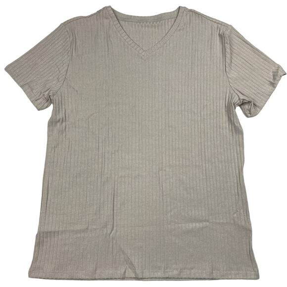 Men's Large Beige Muscle T Shirts Stretch Short Sleeve V Neck Ribbed Slim Fit - Picture 1 of 7